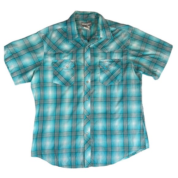 Vintage Wrangler Button Down Pearl Snap Short Sleeve Plaid Aqua Shirt Men’s XL - Picture 1 of 5